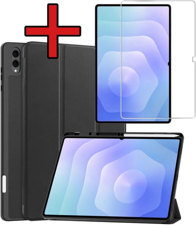 Hoesje - Geschikt voor Samsung Galaxy Tab S11 Ultra - Met Screenprotector - Trifold Bookcase Hoes - Hard Cover Case - Met Uitsparing Geschikt voor S Pen - Hardcover Book - Tablethoes - Zwart