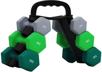 6-delige dumbbell set 2x3kg 2x4kg 2x5kg met rek, hexagonale halters in grijs/groen/turquoise, metalen kern met kunststof coating, anti-rol design, geschikt voor krachttraining thuis en fitness, inclusief stabiel en multifunctioneel opbergrek
