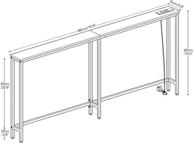 Consoletafel-Haltafel- smalle -Entreetafel-Oplaadstation & USB-poorten-Stevig en stabiel-180 cm- Bruin en Zwart