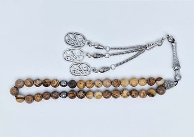 Handgemaakte tesbih klassiek - "Tasbih" natuursteen " Picture Jasper" - Aantal kralen 33 - Diameter kralen 8 MM - met metaal tassel "yarab" - Een mooi cadeau-idee