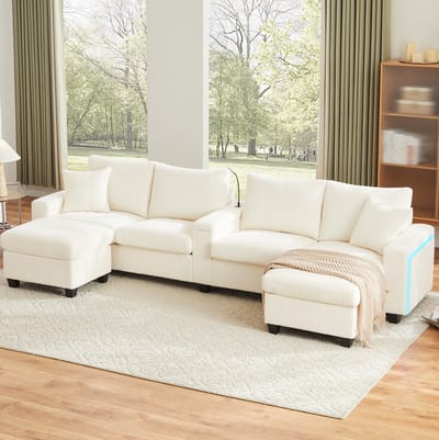 MIVRAY U-bank 334 x 128,5 x 81 cm - Met 2 Hockers, LED, Leeslamp, USB en Type-C - Voor Woonkamer - Corduroy Beige