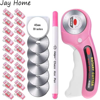 45mm Roterende Snijder met 5 Stuks Vervangende Mesjes & Naaiclips & Stofmarker Pen voor Doe-het-zelf Naaien Stof Leer Quilten pink