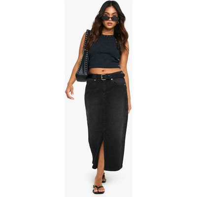 boohoo Dames Petite Denim Midaxi Rok | Washed Black | Maat: 34