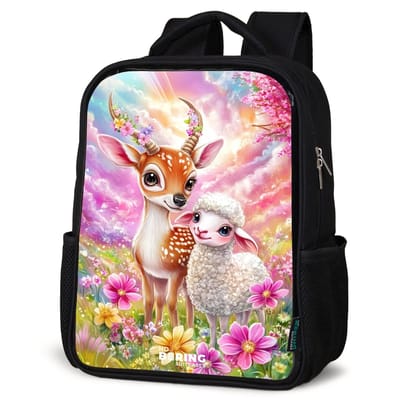 NoBoringSuitcases.com® - Rugzak zwart - Schooltas jongen & meisje - Hertje met een lammetje in pastelbloemenveld - Rugtas voor school - Boekentas kind - Schoolrugzak - Kinderrugzak