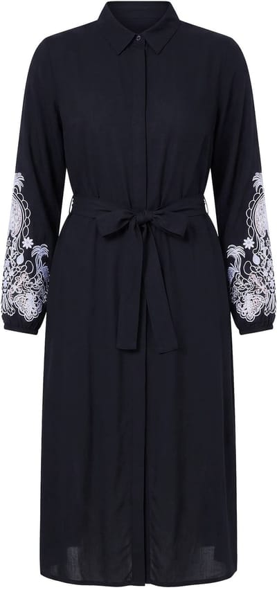 Studio Untold - Dames - Overhemdblouse-midijurk A-lijn geborduurde pofmouwen - Zwart - Maat 42+