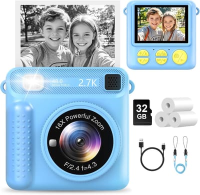 Instant Print-camera voor kinderen — 48 MP-camera met printfunctie — 1080p HD-video & 2,4-inch scherm — Inclusief 32 GB-geheugenkaart & 3 rollen printpapier — Blauw