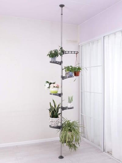 Telescopisch Plantenrek Binnen - 7 Laags Metalen Plantenstandaard Bloemenplanken Bloementrap Verstelbaar van 230-290cm met 6 Schalen en 1 Hangend Haak voor Woonkamer Slaapkamer Balkon Grijs