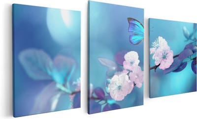 Artaza Canvas Schilderij Drieluik Blauwe Vlinder Bij Een Roze Bloem  - 120x60 - Foto Op Canvas - Canvas Print