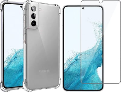 Hoesje geschikt voor Samsung Galaxy S22 - Anti Shock Proof Siliconen Back Cover Case Hoes Transparant - Tempered Glass Screenprotector