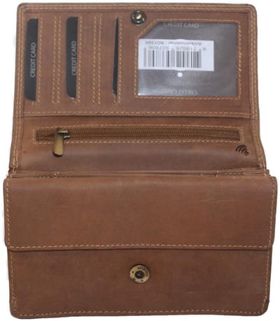 OI Hunter bruine leren Europortemonnee met bak voor kleingeld / harmonicaportemonnee met groot muntvak / damesbeurs met soufflé / Beveiligd tegen skimmen / bruin / 135H
