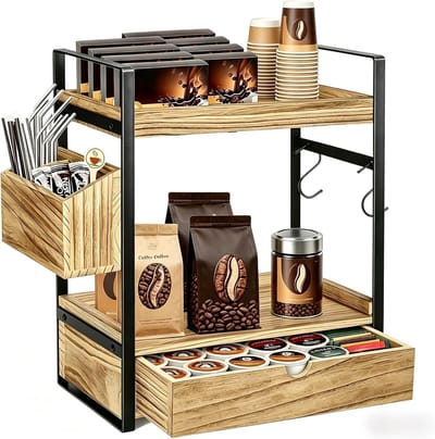 3-laags Koffie Organizer met Mand en Mok Haken - Houten Koffie Accessoires voor Keuken en Thuiswerkplek