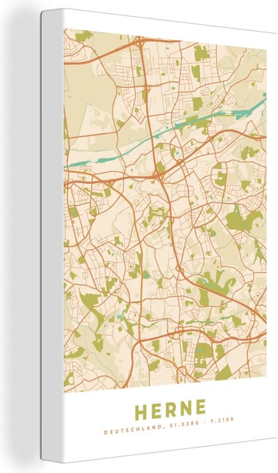 Canvas Schilderij Herne - Stadskaart - Plattegrond - Vintage - Kaart - 20x30 cm - Wanddecoratie