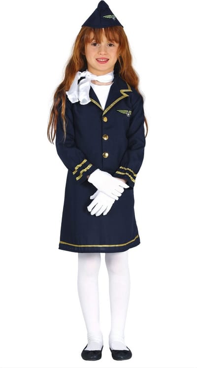 Fiestas Guirca Stewardess verkleed kostuum - blauw - voor meisjes - jurkje en hoed 110/116
