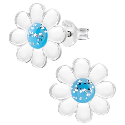 WeLoveSilver - zilveren oorstekers - madeliefje - blauw hart - kind