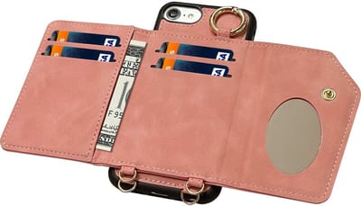 CaseMania Backcase hoesje geschikt voor Apple iPhone SE (2022)/SE (2020)/8/7 - Effen Roze - Kunstleer - 2in1 Hoesje met Koord - Afneembare Wallet - Spiegeltje - MagSafe Compatible