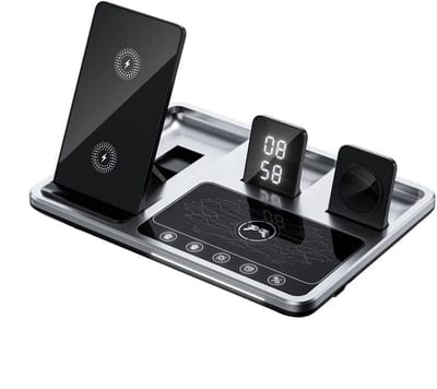 DrPhone TimeCharge – 4-in-1 Draadloze Oplader Dock met Klok - Snelladen Tot 30W – Ingebouwde Beveiliging – LED Verlichting - Geschikt Voor Apple/Samsung/Huawei/Xiaomi Telefoon / Draadloze Oordoppen / Smartwatch Zie Specificaties Voor Compatibiliteit