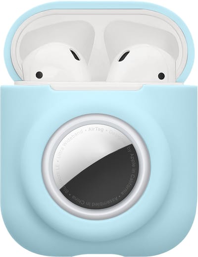 kwmobile oordopjes case geschikt voor Apple Airpods 1 & 2 hoesje - Oortjes cover met AirTag houder - In-ear koptelefoon hoes - Silicone in lichtblauw