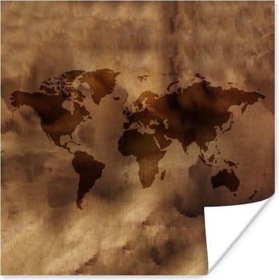 Poster Wereldkaart - Retro - Bruin - 30x30 cm
