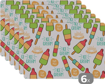 Placemat - Placemats kunststof - IJsjes - Zomer - Patronen - 45x30 cm - 6 stuks - Hittebestendig - Anti-Slip - Onderlegger - Afneembaar