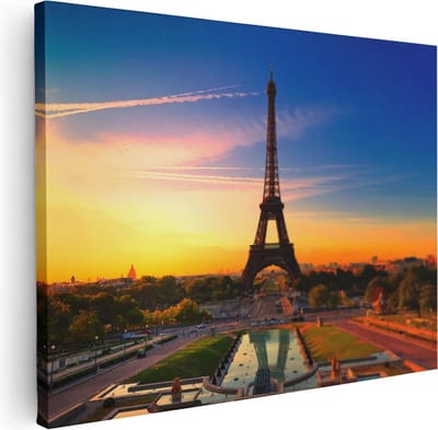 Artaza Canvas Schilderij Parijs - 80x60 cm - Wanddecoratie Eiffeltoren - Muurdecoratie Zonsondergang - Schilderijen Op Canvas Skyline