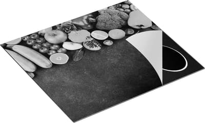 Chefcare Inductie Beschermer Groente en Fruit op Zwarte Marmer - Zwart Wit - 60x50 cm - Afdekplaat Inductie - Kookplaat Beschermer - Inductie Mat