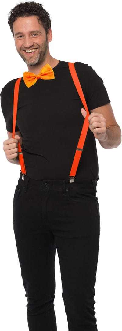 Carnaval verkleedset bretels en strik - oranje - volwassenen/unisex - feestkleding accessoires