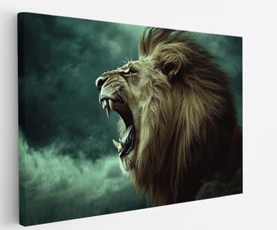 Saammp Canvas Schilderij - Grommende Leeuw - Storm - Dieren - Natuur - 45x30 - Foto op canvas - Wanddecoratie - Muurdecoratie Woonkamer - Slaapkamer decoratie - Canvas Print