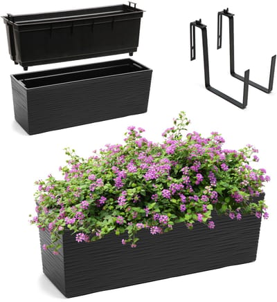 KADAX Bloembak van kunststof, 18,5 x 56 cm, plantenbak met inzet, weerbestendige balkonbak, rechthoekige bloembak, bloempot voor buiten, met houders, gekerfd patroon, zwart