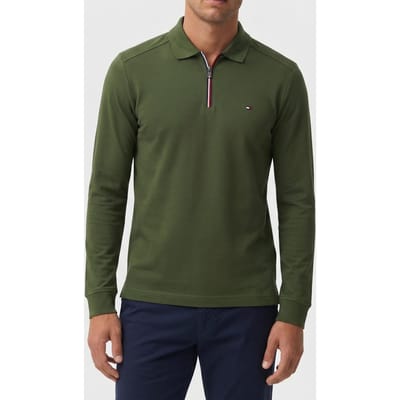 Tommy Hilfiger Fluid Cotton Flag Embroidery Zip Polo Shirt Mountain Pine Taglia: XS | Maglie a manica lunga Outlet | Uomo