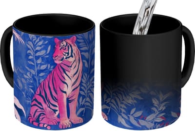 Magische Mok - Foto op Warmte Mokken - Koffiemok - Tijger - Roze - Bladeren - Jungle - Magic Mok - Beker - 350 ML - Theemok