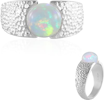Cavill - Zilveren ring dames 925 Sterling zilver - Welo-opaal 2,725 ct, ronde 9 mm - Geplatineerd met hamerslag textuur - Uniek kleurenspel, elegant