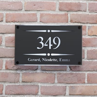 Naambordje voordeur - Huisnummerbord - Rechthoek stip streep - 25x15 - zwart/zilver - snapcaps