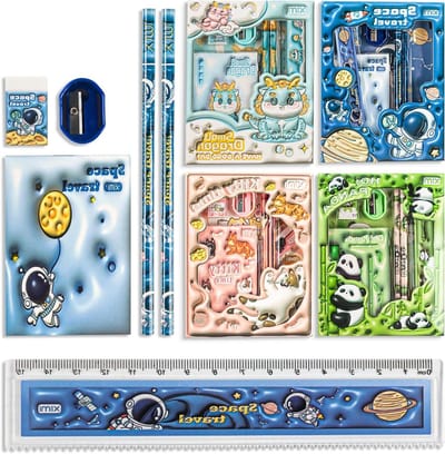 Complete Schoolbenodigdheden Set voor Kinderen met Cartoon Ontwerpen, Potlood, Liniaal en Notitieboek