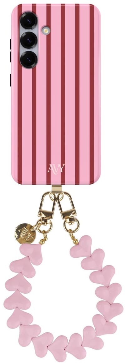 AVY Hoesje Met Telefoonkoord | Geschikt voor Samsung Galaxy S25 | Compatibel met MagSafe | Hard Shell Back Cover | Stijlvol Bijpassend Koord 30CM | Linea Hearts | Roze