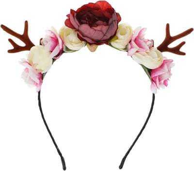 Kersthoorn haarband met hertengeweien en bloemen voor feestelijke kostuums en winterse evenementen
