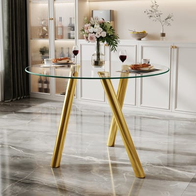 MODFU Ronde Eettafel - Gehard Glazen Blad - Stabiel Onderstel - Modern - Eetkamer - Metaal - Goud