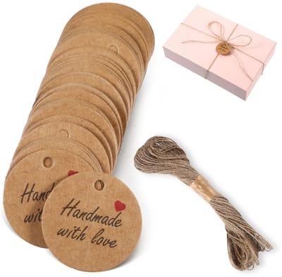 Dailygoods- Labels Handgemaakt 100 Stuks - Ronde Hangers - Kraftpapier - Cadeaulabels - Bruin/Rozerood - 20 Meter Henneptouw - Cadeaukaartjes