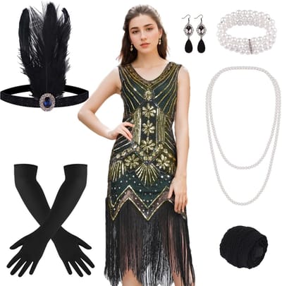 Dailygoods- Flapper Jurk met Franjes en Pailletten - Jaren 20 Kostuum - Great Gatsby Jurk - Damesmode - Diverse Maten - Inclusief Accessoires