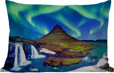 Buitenkussens - Tuin - Noorderlicht - Sterrenhemel - IJsland - Berg - Groen - Waterval - Meer - 50x30 cm