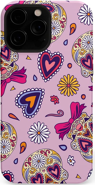 Casetastic hoesje geschikt voor Apple iPhone 13 Pro - MagSafe - Dubbellaagse bescherming - Dia de los Muertos Doodshoofd Strik - Fashion Case - Lichtroze Lila Taupe Zilver