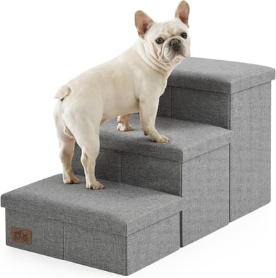 Dog Stair with Storage Space, 3-Stage Wider Sturdy Dog Steps for Small/Medium/Large Dogs and Older Cats, Foldable Dog Driveway for Bed/Couch/Car up to 260lbs (42.5cm H, Grey)