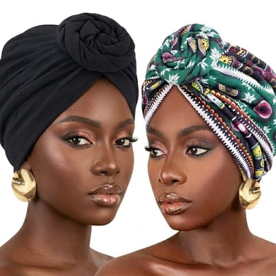 2 delige set bloemen hijab hoofddoek dames zwart en groen – Afrikaanse stoffen tulband met knoopdetail – effen en print hoofddoek
