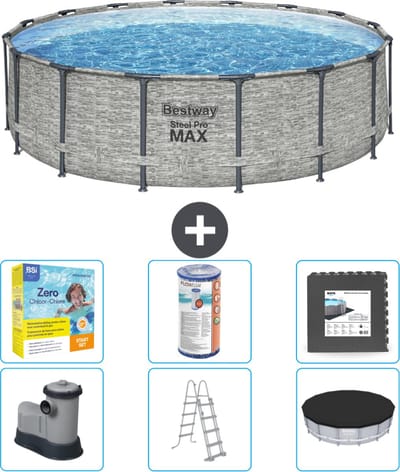 Bestway Rond Steel Pro MAX Zwembad - Steenprint - 488 x 122 cm - Inclusief Pomp - Ladder - Afdekzeil Onderhoudspakket - Filter - Vloertegels