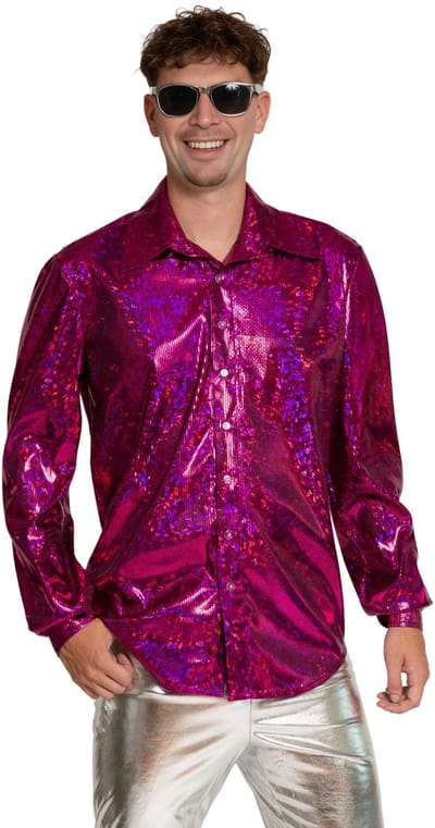 Partychimp Shiny Disco Shirt Fuchsia voor Heren Carnavalskleding Foute Party Verkleedkleding Volwassenen Heren Toppers 2026 - Disco- Shiny- Polyester - 3XL