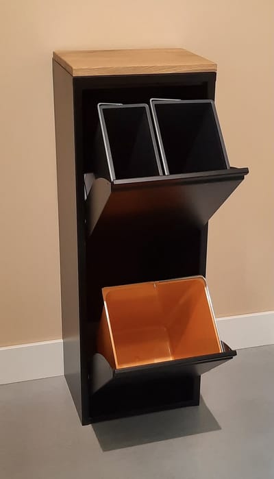 Brender® design afvalbak - vuilnisbak - vuilnisemmer voor afvalscheiding - 3 binnenemmers - 33 liter totaal - afgewerkt met eiken paneel - zwart