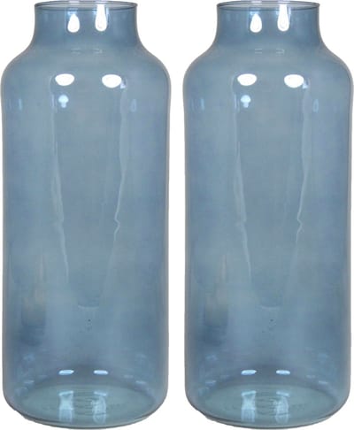 Floran Bloemenvaas Milan - 2x - transparant blauw glas - D15 x H35 cm - melkbus vaas met smalle hals