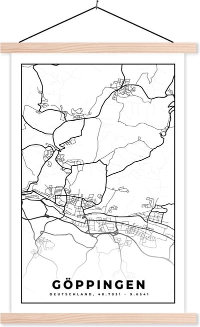 Posterhanger incl. Poster 40x60 cm - Schoolplaat - Kaart - Göppingen - Plattegrond - Stadskaart - Textielposter - Blanke latten - Stadskaart