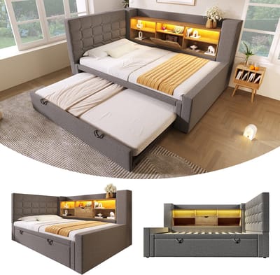 Slaapbank - 90x200 - Bed met uitschuifbed, LED en L-vorm hoofdeinde - linnen - grijs - zonder matras