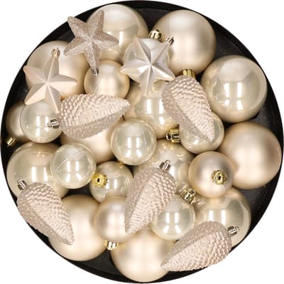 Kerstversiering kunststof kerstballen/hangers parel/champagne 6-8-10 cm pakket van 68x stuks - Kerstboomversiering