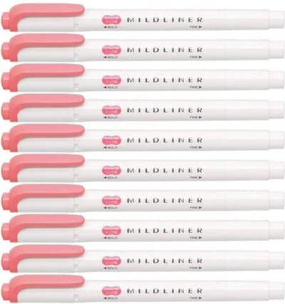 Zebra Mildliner Double-Sided Highlighter - Fine / Bold – Mild Coral Pink Set van 10 + een Luxe Zipperbag - WKT7-MCOP